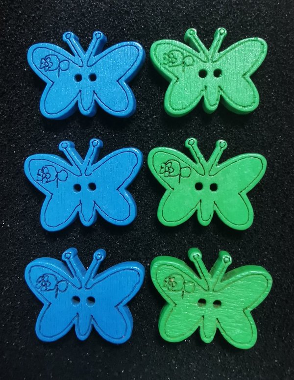 6 Stück Kinder- Holzknöpfe Schmetterling "Blau/Grün" 17,5x23x4mm